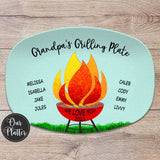 Grandpa's Grilling Plate, blue background, red grill, Personalized custom barbecue grilling platter, children's and pet names with hearts or paw prints, father's day, birthday