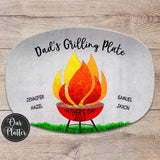 Dad's Grilling Plate, gray background, green grill, happy birthday, Personalized custom barbecue grilling platter, children's and pet names with hearts or paw prints, father's day, birthday