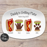 Daddy's Grilling Plate, Father's Day, Hamburger handprint art, hot dog footprint art, pet paw print burger, dad's grilling buddies, outdoor serving plastic platter tray