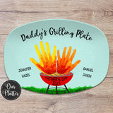 Daddy's grilling plate, dad's grilling plate, grill master 2023, featuring generic handprint art or flames, for barbecue lover from kids and pets
