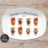 Grandpa's Grilling Plate, Father's Day, Hamburger handprint art, hot dog footprint art, pet paw print burger, dad's grilling buddies, outdoor serving plastic platter tray