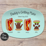 Daddy's Grilling Plate, Father's Day, Hamburger handprint art, hot dog footprint art, pet paw print burger, dad's grilling buddies, outdoor serving plastic platter tray