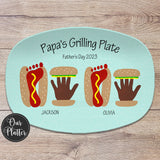 Daddy's Grilling Plate, Father's Day, Hamburger handprint art, hot dog footprint art, pet paw print burger, dad's grilling buddies, outdoor serving plastic platter tray