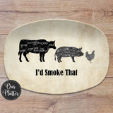 grilling platter with cow pig and chicken with butcher cuts vintage parchment background I'd smoke that
