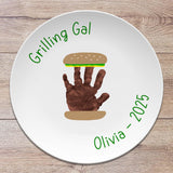Personalized Handprint Plate – Grilling Hamburger & Hot Dog Design | Custom Kids Art | 10" Round