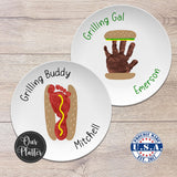 Personalized Handprint Plate – Grilling Hamburger & Hot Dog Design | Custom Kids Art | 10" Round