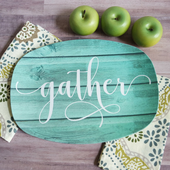 Custom Farmhouse Inspired Script Platter | Aqua Wood | Choice of Text | Gather - Thankful - Blessed - Celebrate - Grateful - Custom