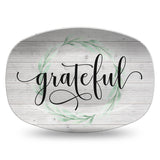 White Wood Farmhouse Inspired Script Platter | Choice of Text: Gather - Thankful - Blessed - Celebrate - Grateful - Custom