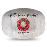 Faith, Love & Family | Grateful, Joyful, Blessed | Personalized Platter | Greenery or Red Berry Wreath
