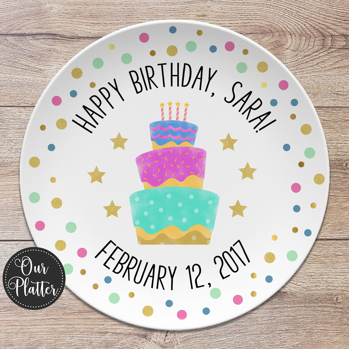 Happy Birthday Personalized Plate, Dots, Sprinkles, Cupcake – Our Platter for Free Printable Housewarming Cupcake Toppers