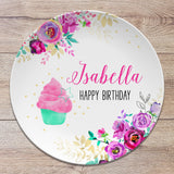 Happy Birthday Personalized Plate, Floral Cupcake, Birthday 10" Plate, First Birthday Girl, Party Plate, Kids Plastic Plate, Teen Birthday