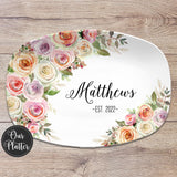 Floral Personalized Platter, Custom Name Family, Gift Plate for Wedding, Anniversary, Shower, Birthday