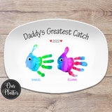 Handprint Custom Personalized Platter for Father's Day, Greatest Catch, Gift for Dad from Kids, Handprint Plate for Daddy or Grandpa