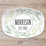 Green Leaf Personalized Platter, Custom Name Family, Gift Plate for Wedding, Anniversary, Shower, Birthday