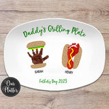 Daddy's Grilling Plate, Father's Day, Hamburger handprint art, hot dog footprint art, pet paw print burger, dad's grilling buddies, outdoor serving plastic platter tray