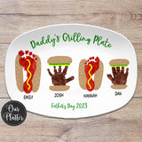 Daddy's Grilling Plate, Father's Day, Hamburger handprint art, hot dog footprint art, pet paw print burger, dad's grilling buddies, outdoor serving plastic platter tray