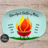 Grandpa&#39;s Grilling Plate, blue background, red grill, Personalized custom barbecue grilling platter, children&#39;s and pet names with hearts or paw prints, father&#39;s day, birthday