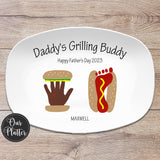 Daddy's Grilling Plate, Father's Day, Hamburger handprint art, hot dog footprint art, pet paw print burger, dad's grilling buddies, outdoor serving plastic platter tray