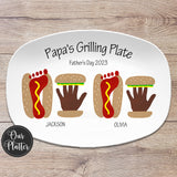 Daddy's Grilling Plate, Father's Day, Hamburger handprint art, hot dog footprint art, pet paw print burger, dad's grilling buddies, outdoor serving plastic platter tray