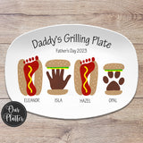 Daddy's Grilling Plate, Father's Day, Hamburger handprint art, hot dog footprint art, pet paw print burger, dad's grilling buddies, outdoor serving plastic platter tray