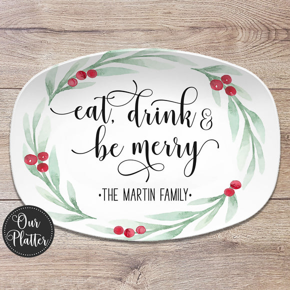 Large Holly Wreath Farmhouse Personalized Platter