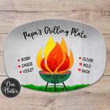Papa&#39;s Grilling Plate, gray background, green grill, happy birthday, Personalized custom barbecue grilling platter, children&#39;s and pet names with hearts or paw prints, father&#39;s day, birthday