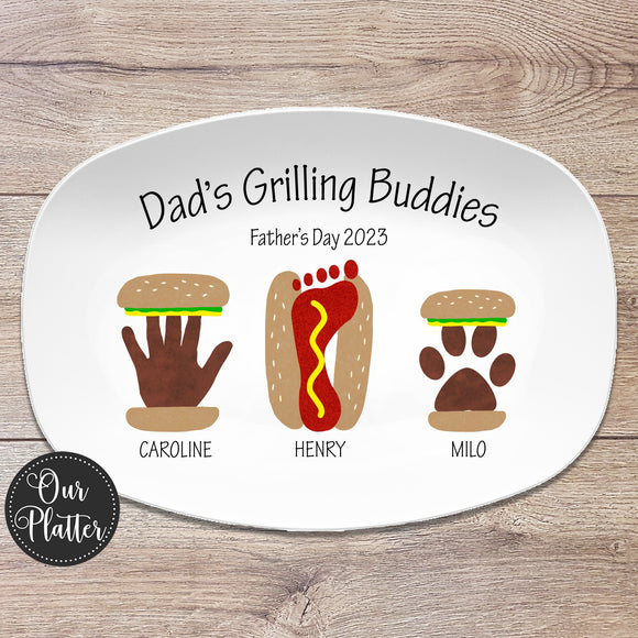 Daddy's Grilling Plate, Father's Day, Hamburger handprint art, hot dog footprint art, pet paw print burger, dad's grilling buddies, outdoor serving plastic platter tray