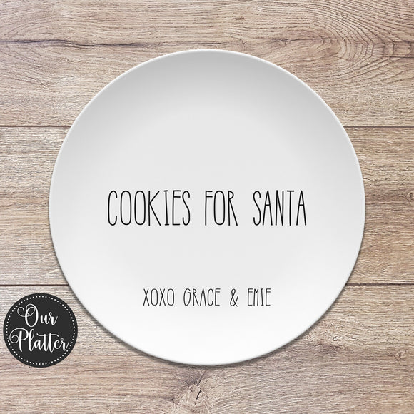 10 inch round cookies for santa personalized holiday christmas plate; milk and cookie plate; keepsake holiday gift; simple black and white text design