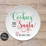 10 inch round cookies for santa personalized holiday christmas plate; milk and cookie plate; keepsake holiday gift; script text in red and green design