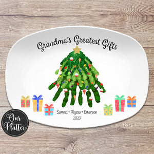 Handprint Christmas Tree Custom Personalized Platter, Grandmas Greatest Gifts, Gift from Kids, Handprint Plate