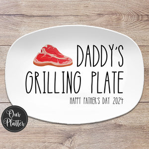 10x14&quot; oval white platter with text Daddy&#39;s Grilling Plate Happy Father&#39;s Day 2024 in large text with a Tbone raw steak in top left