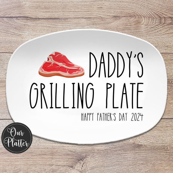 10x14" oval white platter with text Daddy's Grilling Plate Happy Father's Day 2024 in large text with a Tbone raw steak in top left