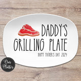 10x14&quot; oval white platter with text Daddy&#39;s Grilling Plate Happy Father&#39;s Day 2024 in large text with a Tbone raw steak in top left