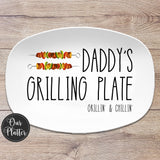 10x14" oval white platter with text Daddy's Grilling Plate in large text with two kabobs in top left
