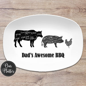 grilling platter with cow pig and chicken with butcher cuts white background dad&#39;s awesome bbq