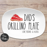 10x14&quot; oval white platter with text Dad&#39;s Grilling Plate Happy Father&#39;s Day 2024 in large text with a Tbone raw steak in top left