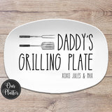 10x14&quot; oval white platter with text Daddy&#39;s Grilling Plate in large text with a grill fork and spatula in top left