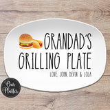 10x14" oval white platter with text Grandad's Grilling Plate in large text with a hamburger and hot dog in top left