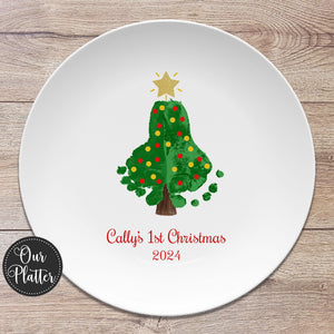 First Christmas Keepsake Plate, Tree Design Custom Personalized Platter, Footprint Art Plate for Baby's 1st Christmas