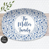 Blue Toile Personalized Custom Platter | Chinoiseries Pattern Designs | Family Name Gift