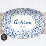 Personalized Blue Floral Platter | Chinoiserie Serving Tray | Custom Family Name Plate | Elegant Wedding Gift