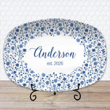 Personalized Blue Floral Platter | Chinoiserie Serving Tray | Custom Family Name Plate | Elegant Wedding Gift