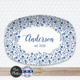 Personalized Blue Floral Platter | Chinoiserie Serving Tray | Custom Family Name Plate | Elegant Wedding Gift