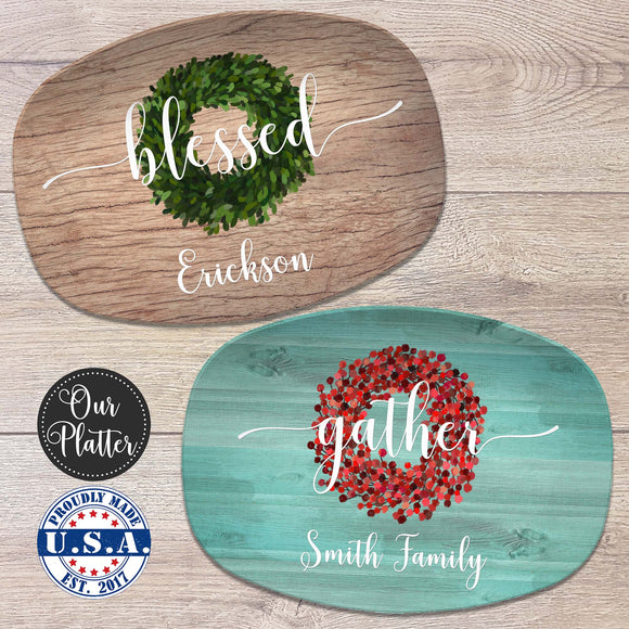 Personalized Family Platter – Custom Holiday Serving Tray, Boxwood Berry Design
