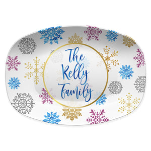 Blue & Gold Snowflakes Personalized Platter