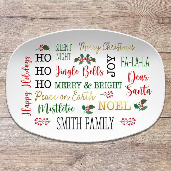 Christmas Text Personalized Platter, Custom Family Platter, Hostess Gift for Holidays, Winter Text Collage