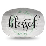 White Wood Farmhouse Inspired Script Platter | Choice of Text: Gather - Thankful - Blessed - Celebrate - Grateful - Custom