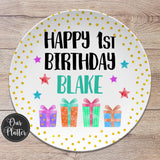 Happy Birthday Gifts Dots Stars Personalized Plate, Birthday 10" Plate, First Birthday Girl Boy, Party Plate, Kids Plastic Plate