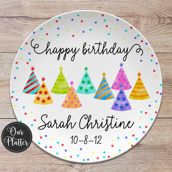 Happy Birthday Party Hats Dots Personalized Plate, 10