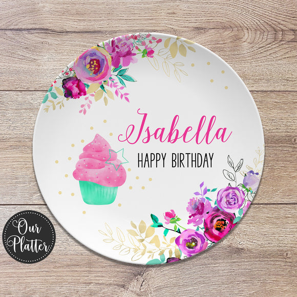 Happy Birthday Personalized Plate, Floral Cupcake, Birthday 10
